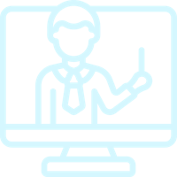 a line icon of a man pointing at a computer screen